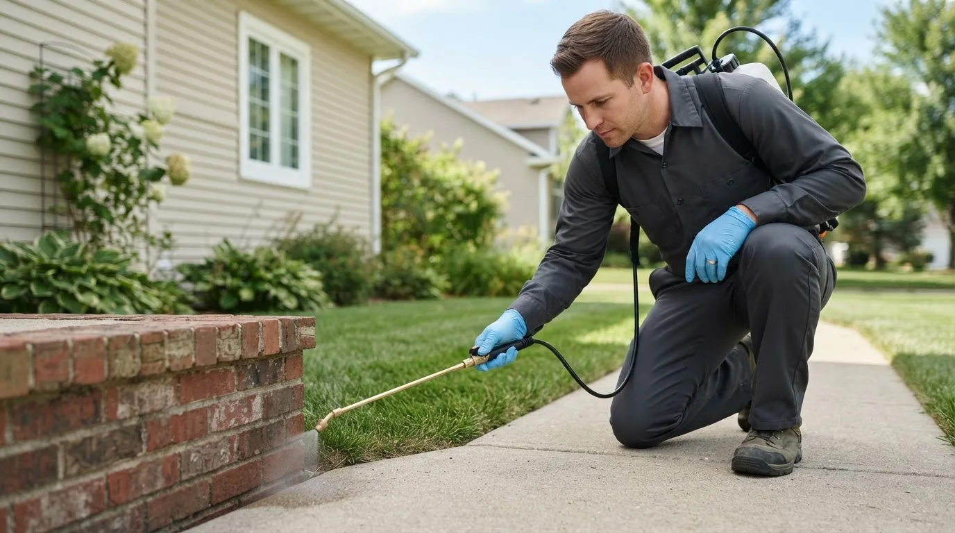 Pest control technician treating a home near Burrillville, RI